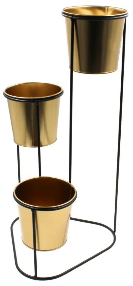 Suport pentru flori, din metal, auriu, 3 ghivece, 24x22x47 cm
