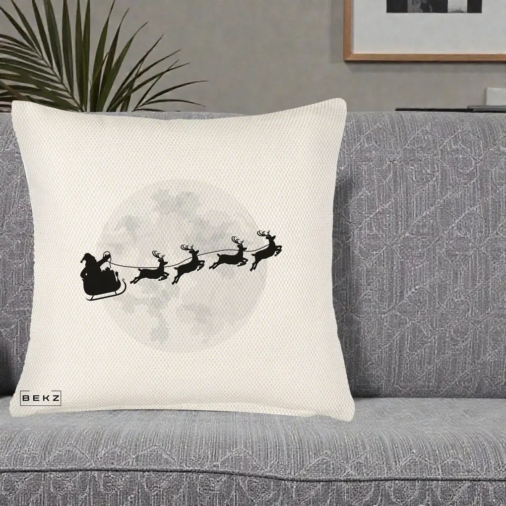 Perna Decorativa Mos Craciun Sanie Luna, 40x40 cm, Crem Reliefat, Husa Detasabila, Perna Inclusa, BEKZ®