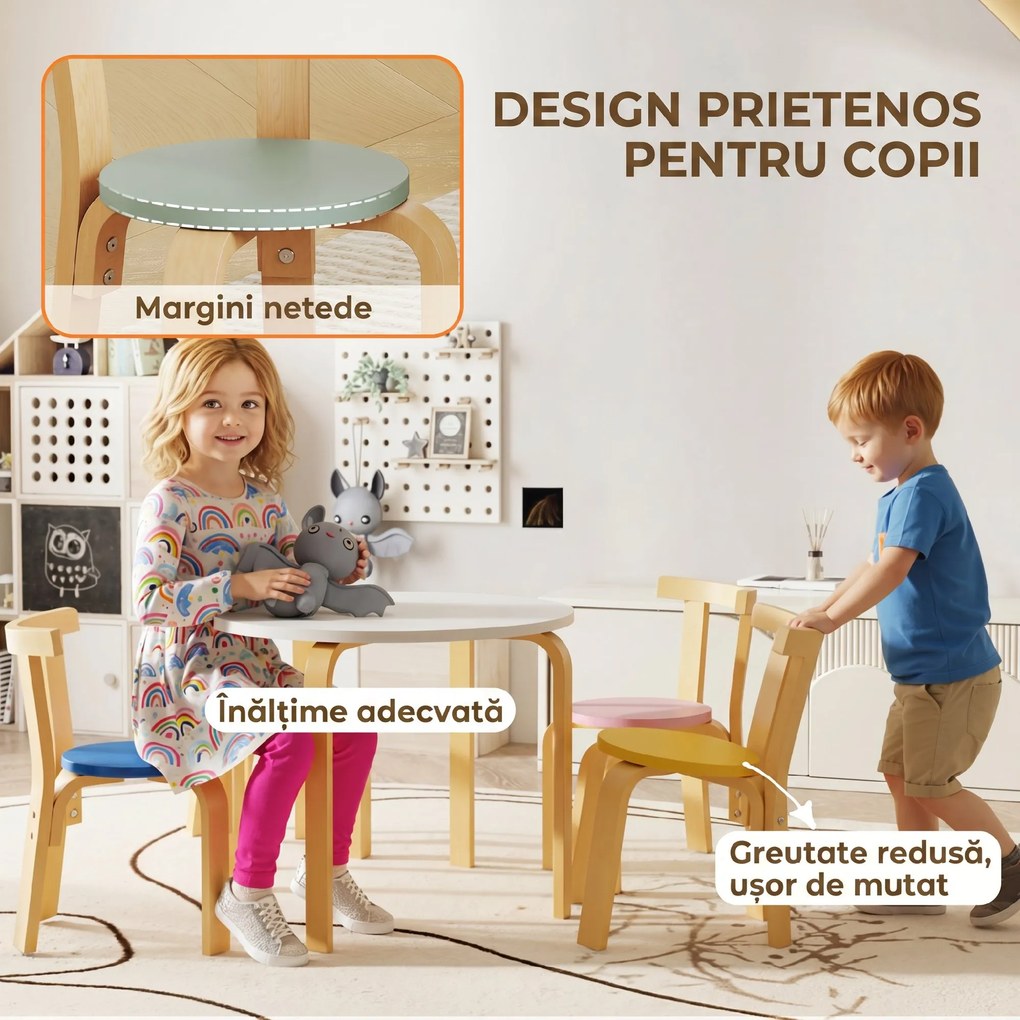 AIYAPLAY Set Masă și Scaune pentru Copii 3-8 Ani, 5 Piese cu Margini Rotunjite din Lemn Multicolor | Aosom Romania
