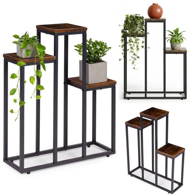 Suport pentru flori Loft - suport metalic pentru flori cu 3 rafturi și decor din lemn