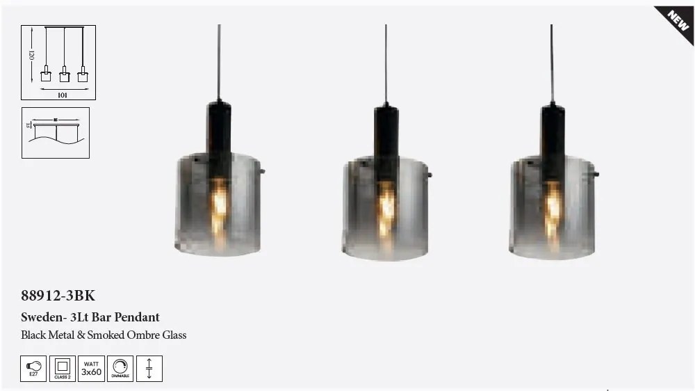 Lustra suspendata metal negru, sticla fumurie Sweden 3L