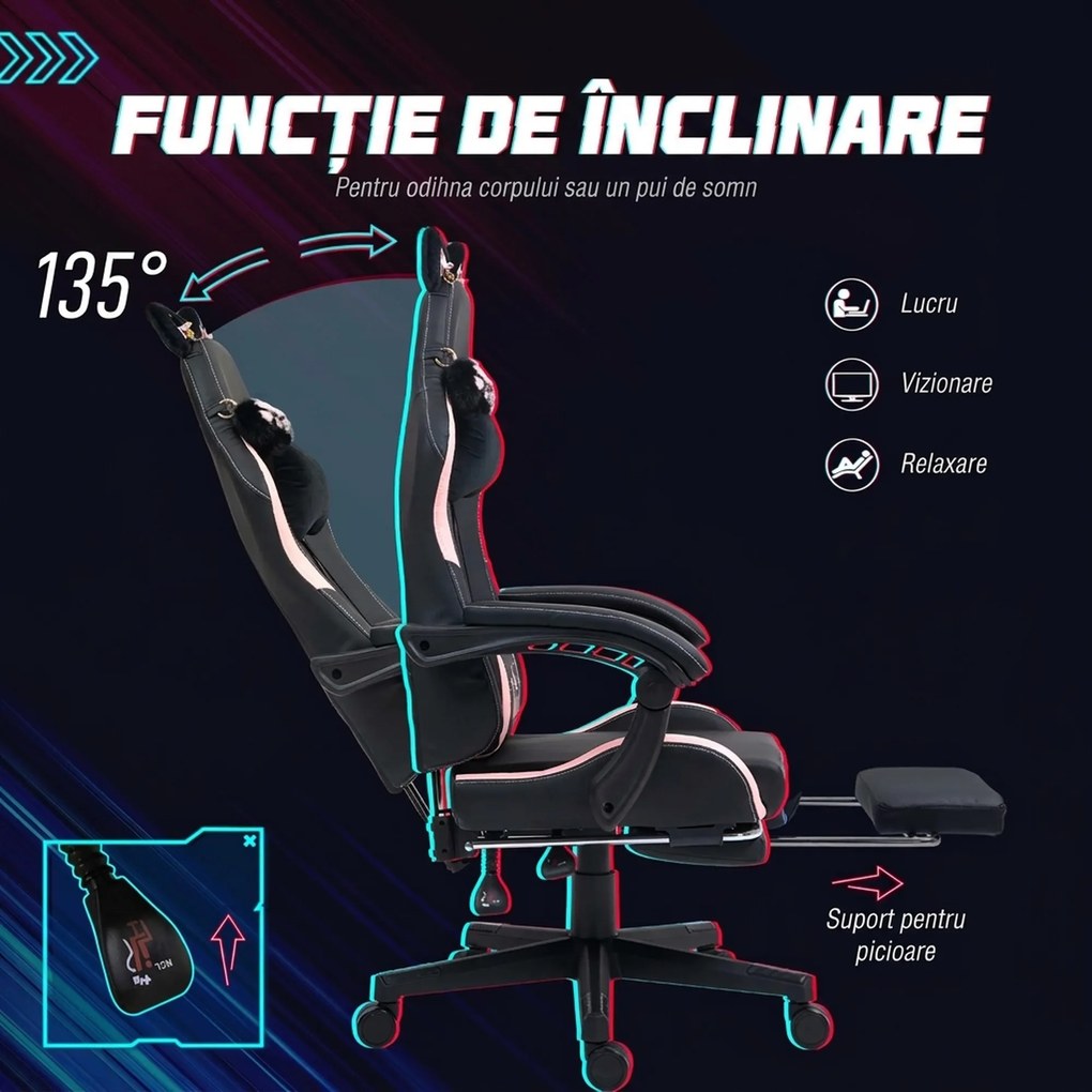 HOMCOM Scaun Gaming Ergonomic cu Urechi de Pisica, Roz | Aosom Romania