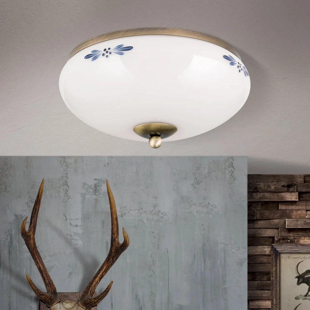 Plafoniera clasica Landhaus 28cm alama antique/ sticla opal decor albastru