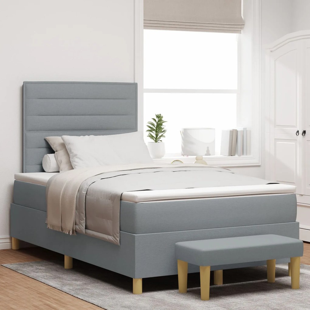vidaXL Pat cu spring cu saltea și cojocel gri deschis 120x190 cm din țesătură