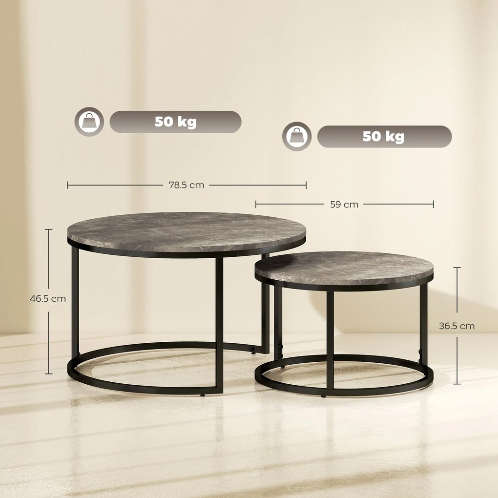 HOMCOM Set de 2 mese laterale înglobabile design industrial cu blaturi imitație de ciment și picioare metalice gri | Aosom Romania