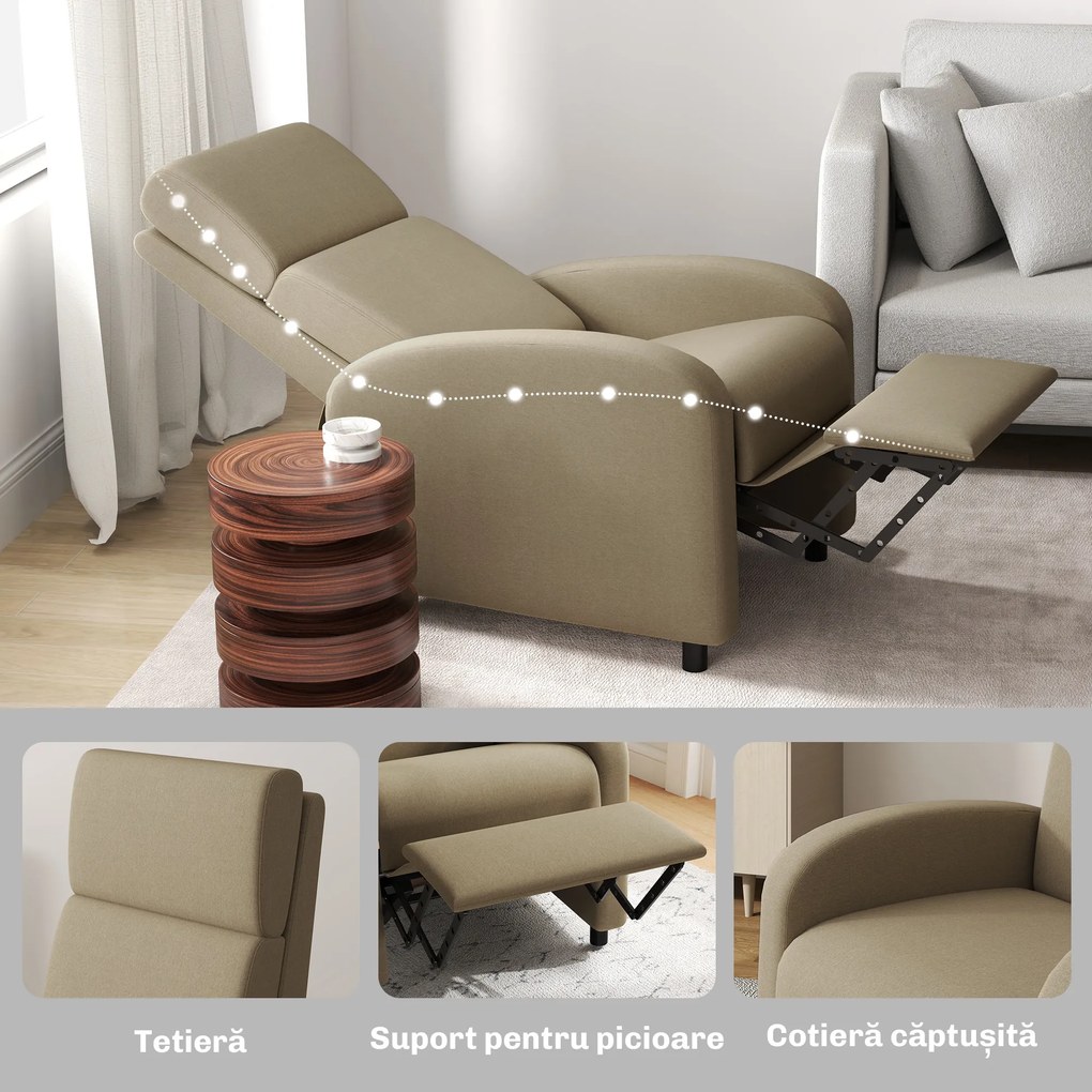 Fotoliu Relax HOMCOM Înclinabil Manual la 160° cu Suport pentru Picioare, Fotoliu Ergonomic Tapițat în Material Efect de In pentru Dormitor, Birou, Living și Sufragerie, Bej | Aosom Romania