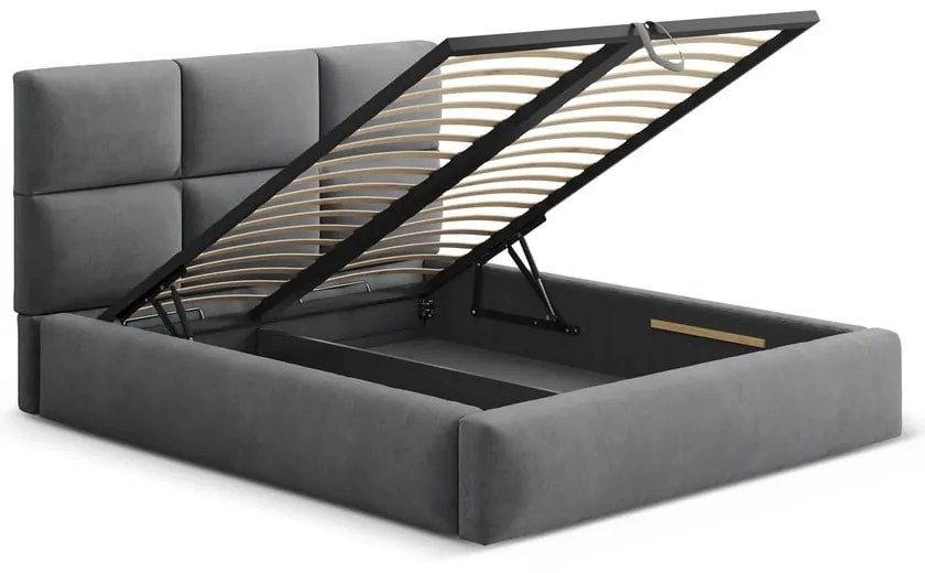 Pat matrimonial gri tapițat cu spațiu de depozitare cu somieră 160x200 cm Libera – Windsor &amp; Co Sofas