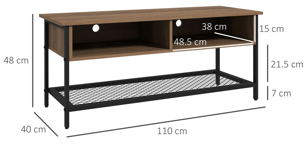 Dulap SuportTV pana la 48" in Stil Industrial, Mobiler Jos cu Rafturi din Lemn si Otel, 110x40x48cm, Maro si Negru HOMCOM | Aosom Romania