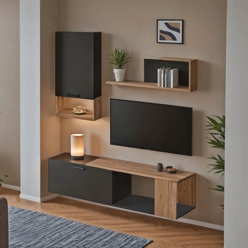 Set mobilier living Poelfy, Pako World, Gri inchis-Stejar, 170x37x42 cm