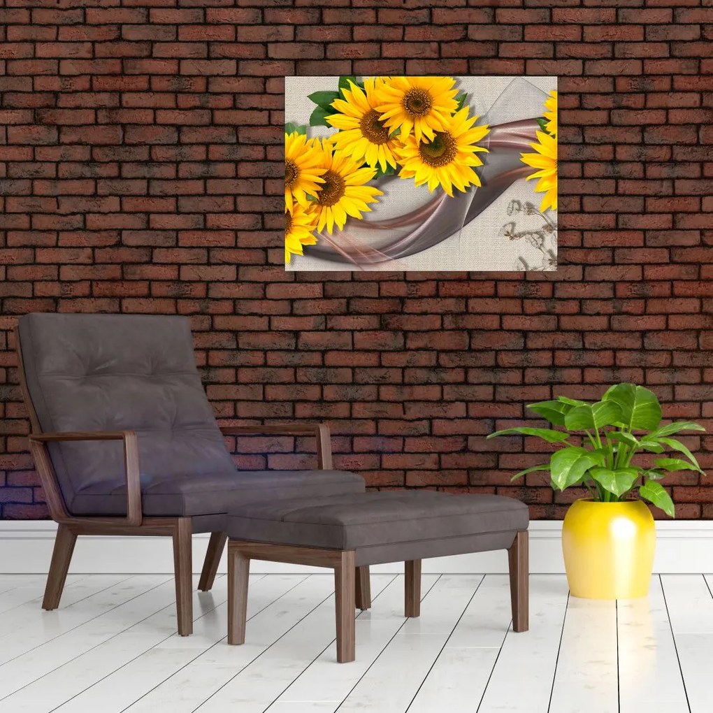 Tablou pe sticlă - Flori strălucitoare de floare soarelui (70x50 cm)