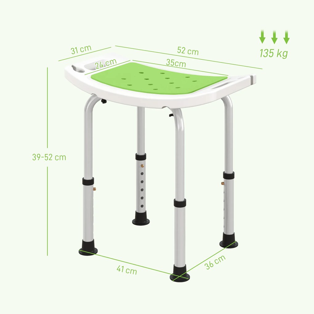 HOMCOM Taburet pentru Duș din Aluminiu și Plastic Antiderapant, Reglabil 6 Niveluri 39-52cm, Verde | Aosom Romania