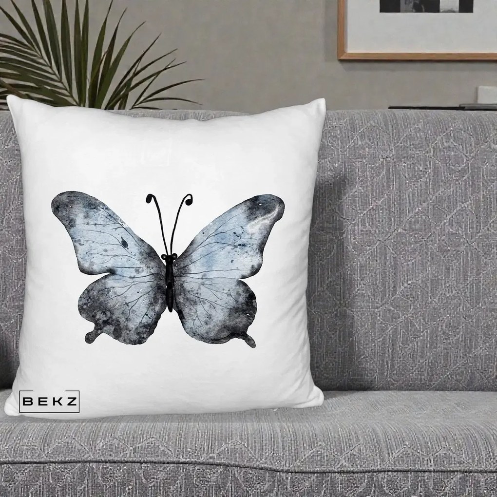Perna Decorativa Fluture Acuarela Albastru-Gri, 40x40 cm, Alb Pufos, Husa Detasabila, Perna Inclusa, BEKZ®