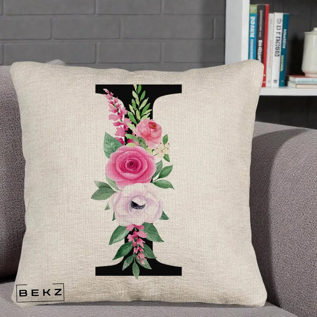 Cadou Personalizat - Perna Personalizata Monograma Florala Litera I, 40x40 cm, Bej Canapea, Husa Detasabila, Perna Inclusa, BEKZ®