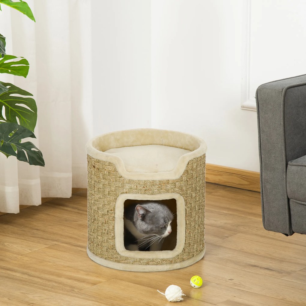 PawHut Ansamblu de Zgâriat pentru Pisici, 37 cm, 2 Niveluri, cu Ascunzătoare și Sfoară din Sisal, până la 5 kg, Kaki | Aosom Romania