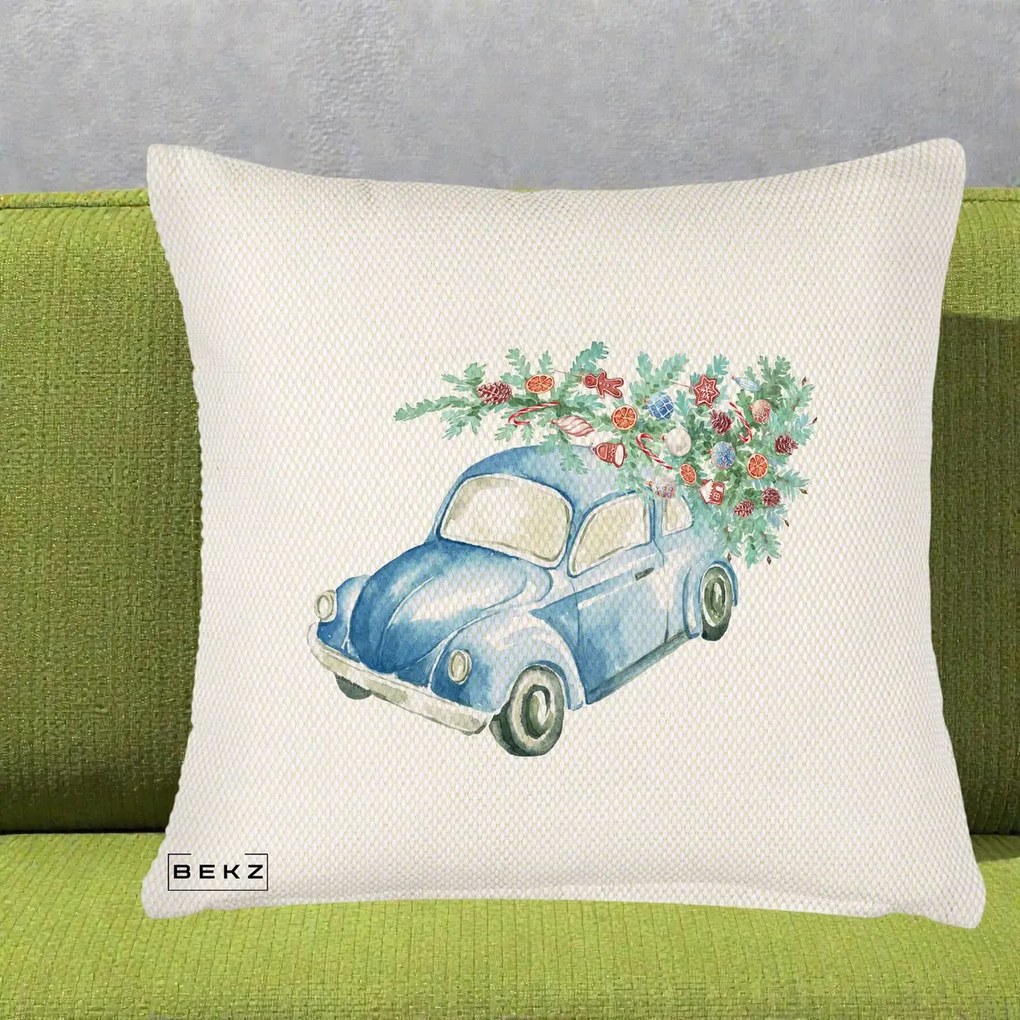 Perna Decorativa Masinuta Albastra cu Brad de Craciun, 40x40 cm, Crem Reliefat, Husa Detasabila, Perna Inclusa, BEKZ®