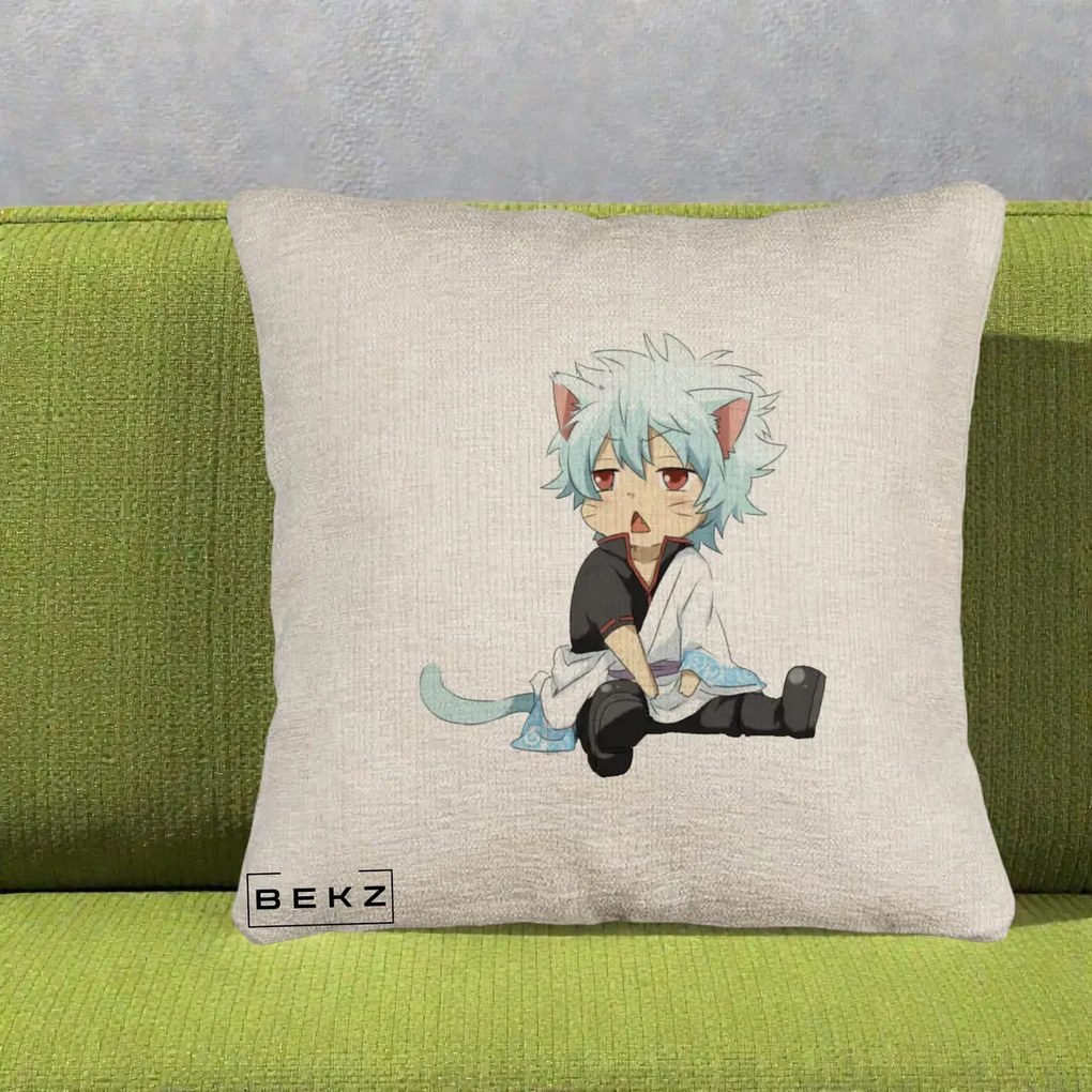 Perna Personalizata Gintama Gintoki Chibi Pisica, 40x40 cm, Bej Canapea, Husa Detasabila, Perna Inclusa, BEKZ®