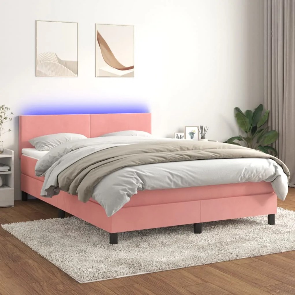 vidaXL Pat cu arcuri, cu saltea și LED, roz, 140x190 cm catifea