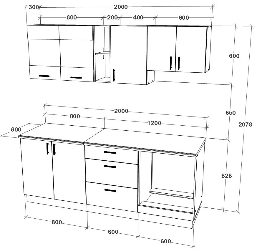 Set Bucatarie Karo V12, Stejar Sonoma Inchis/Alb, Blat Thermo 28 mm, L 200 cm