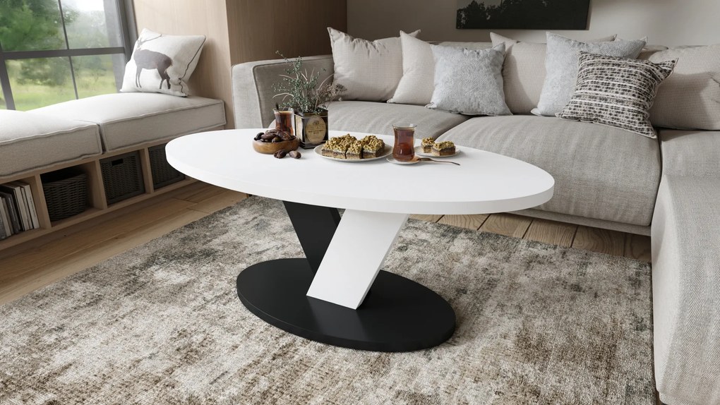 Mazzoni LOVA Alb/Negru - MĂSUȚĂ OVALĂ 110x60 cm MĂSUȚĂ DE CAFEA MODERNĂ