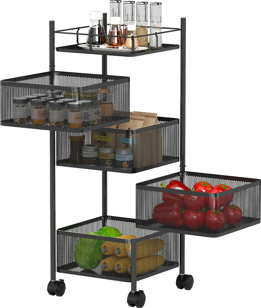 HOMCOM Cărucior de bucătărie pe roți, 5 nivele, cărucior de depozitare 4 coșuri rotative, raft, 27,5x27,5x77cm, negru | Aosom Romania