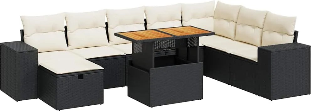 vidaXL Set mobilier grădină perne 9 piese negru poliratan/lemn acacia