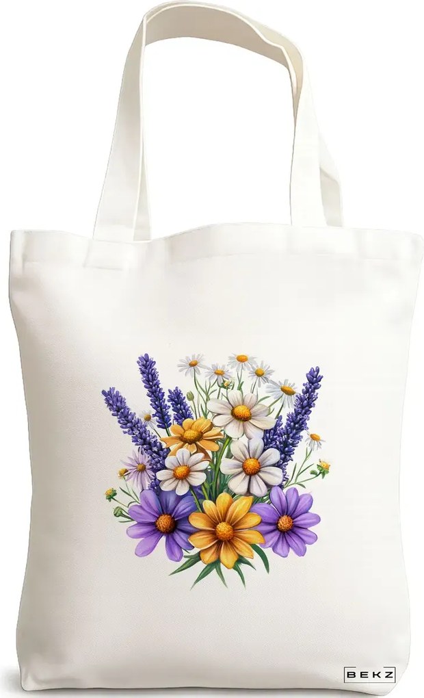 Sacosa de Panza pentru Cumparaturi, Geanta Tote, model Flowers 15 38 x 34.5 cm, Alba, BEKZ®