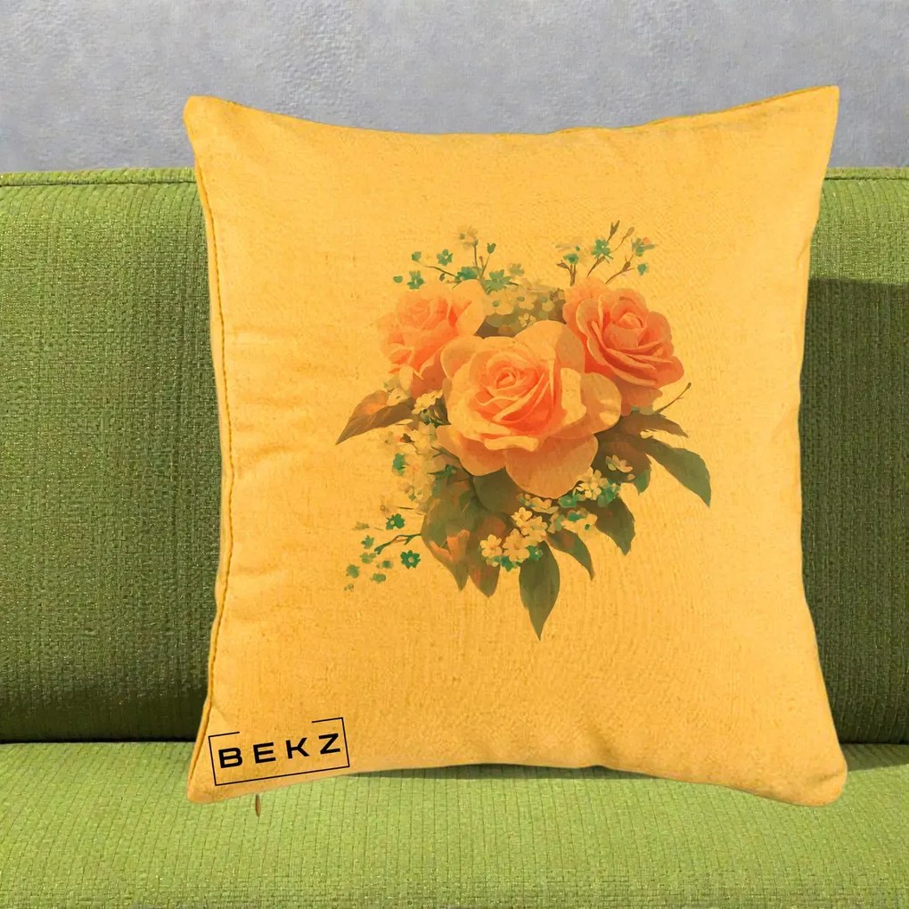 Perna Decorativa Trandafiri Roz cu Floricele Albastre, 40x40 cm, Galben, Husa Detasabila, Perna Inclusa, BEKZ®