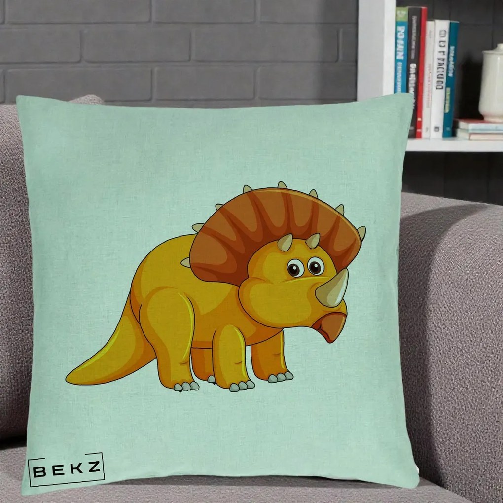 Perna Decorativa Triceratops Portocaliu, 40x40 cm, Verde Menta, Husa Detasabila, Perna Inclusa, BEKZ®