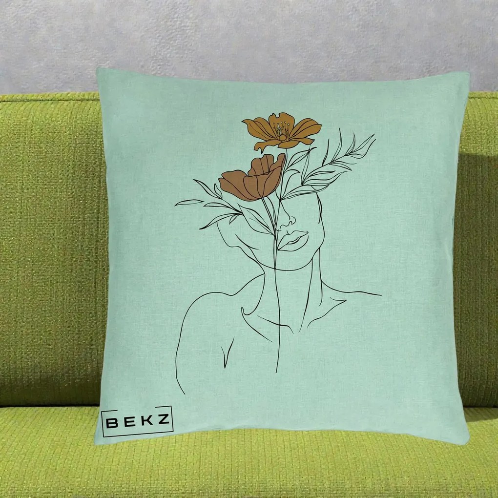 Perna Decorativa Portret Feminin Doua Flori, 40x40 cm, Verde Menta, Husa Detasabila, Perna Inclusa, BEKZ®