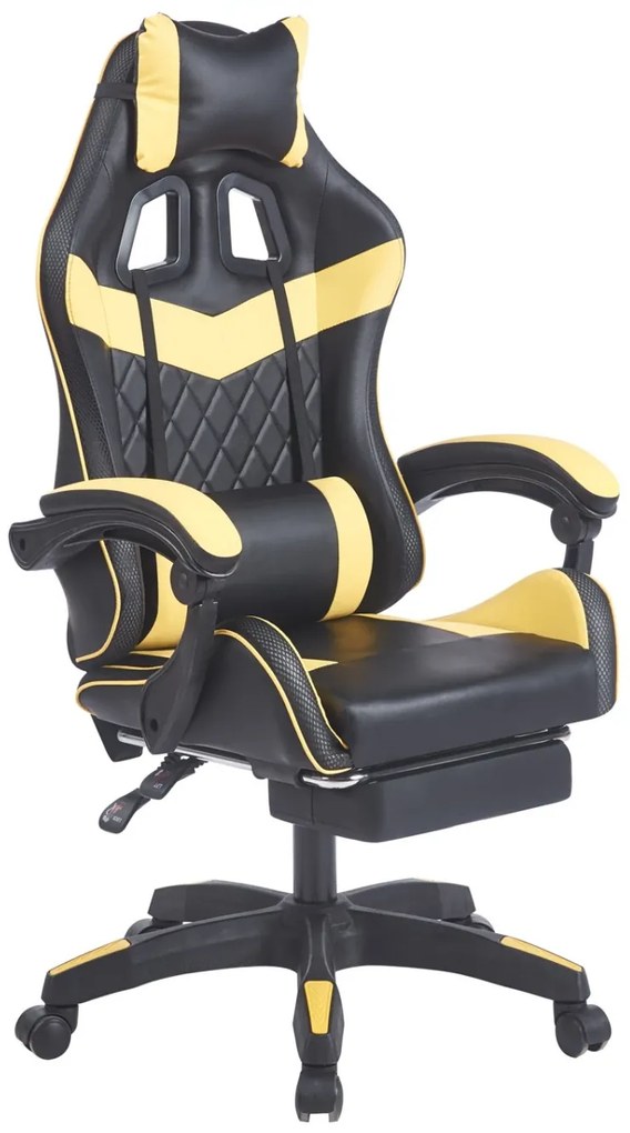 Scaun gaming, sistem iluminare bandă LED RGB, masaj în perna lombară, suport picioare, Negru/Galben