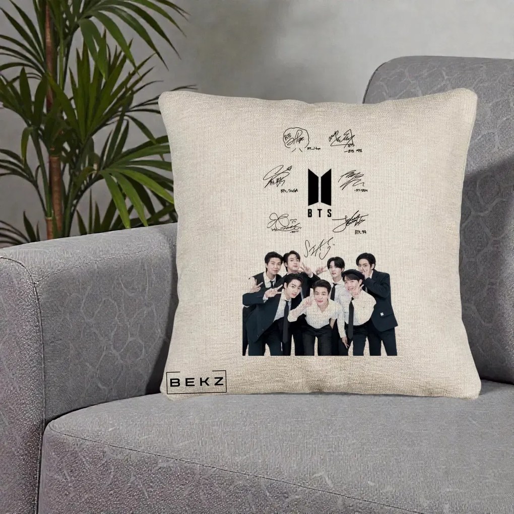 Perna Personalizata K-pop BTS Autografe Toti Membrii cu Fotografie, 40x40 cm, Bej Canapea, Husa Detasabila, Perna Inclusa, BEKZ®