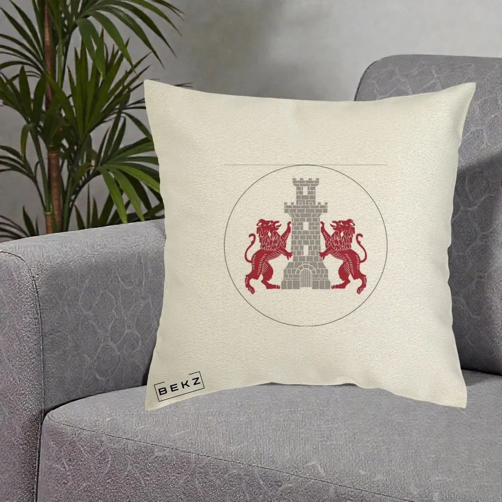Perna Personalizata Cetatea Turnu Magurele Heraldic, 40x40 cm, Ecru, Husa Detasabila, Perna Inclusa, BEKZ®