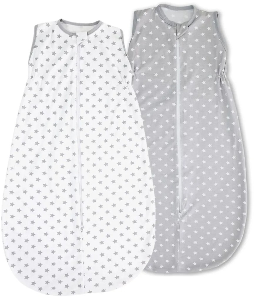 Set 2 saci dormit copii de vara 0-18 luni Kidizi White Stars Grey Stars, 80 cm, 0.5 tog