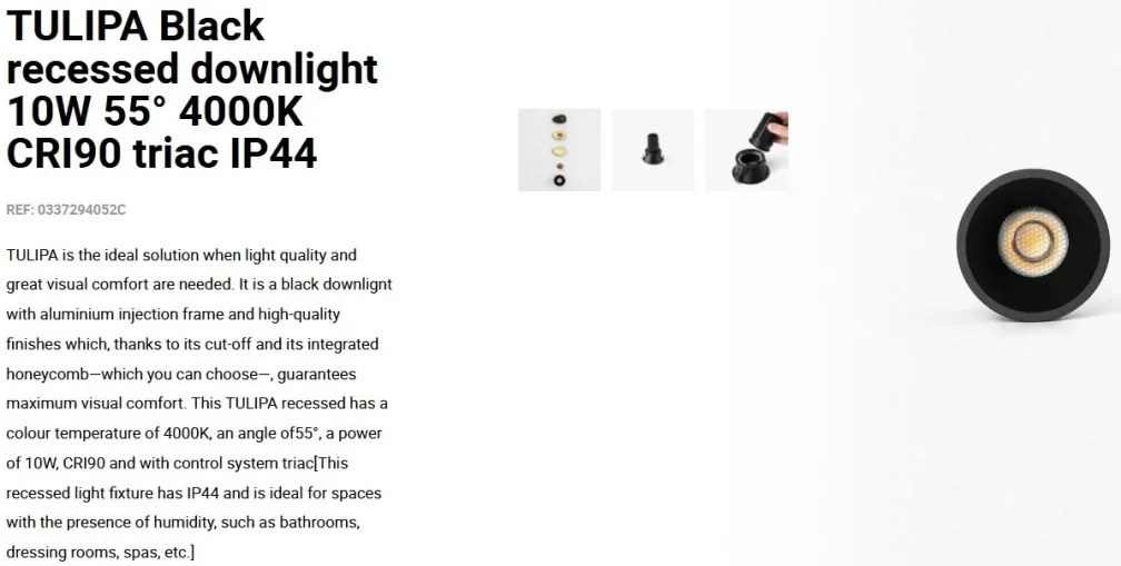 Spot LED incastrabil TULIPA Black recessed downlight 10W 55° 4000K CRI90 triac IP44