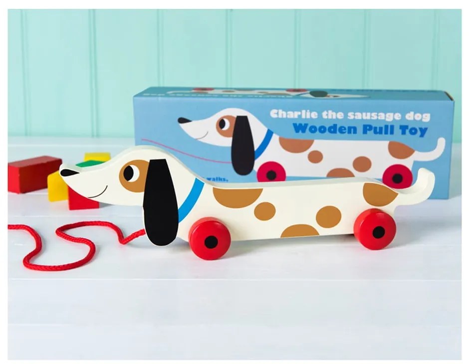 Jucărie - cățel din lemn pe roți Rex London Charlie The Sausage Dog, lungime 31,5 cm