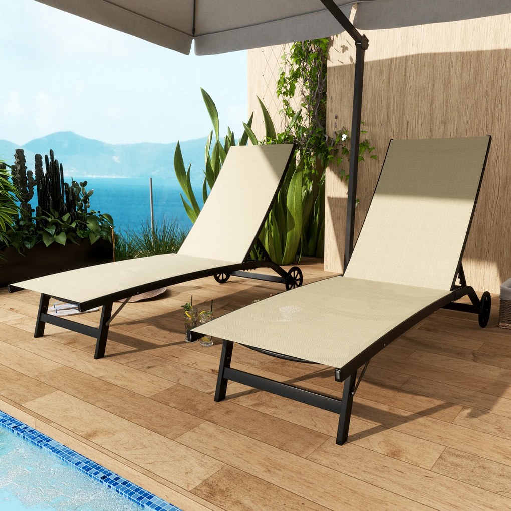 Outsunny Set de 2 șezlonguri din aluminiu și textilenă cu roți, spătar reglabil, sarcină max. 150 kg kaki | Aosom Romania