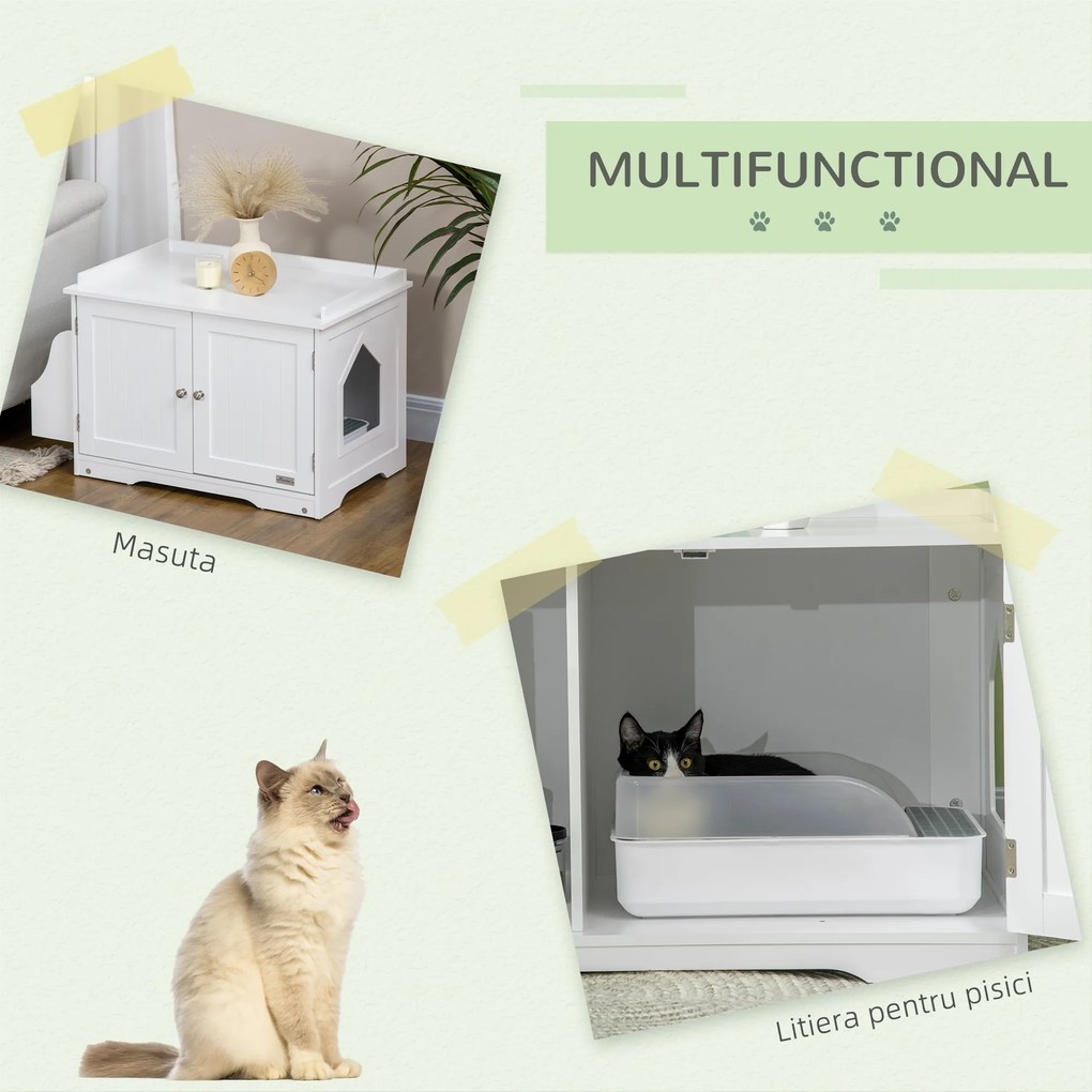 PawHut Mobilier Acoperit pentru Litieră cu Separator Interior Reglabil, Intrare Laterală și 2 Uși, 86x48x52 cm, Alb | Aosom Romania