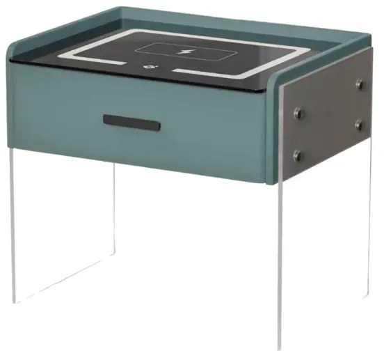 Noptieră inteligentă cu &icirc;ncărcare wireless, iluminare LED, 1 sertar de depozitare &ndash; verde, design modern din sticlă și lemn