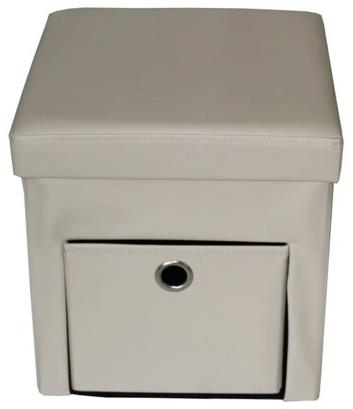 Taburet cu cutie de depozitare si sertar HouseXL™ 6100, Dimensiuni 38X38X38cm, Max 150 kg, Capac moale din piele ecologica, Beige