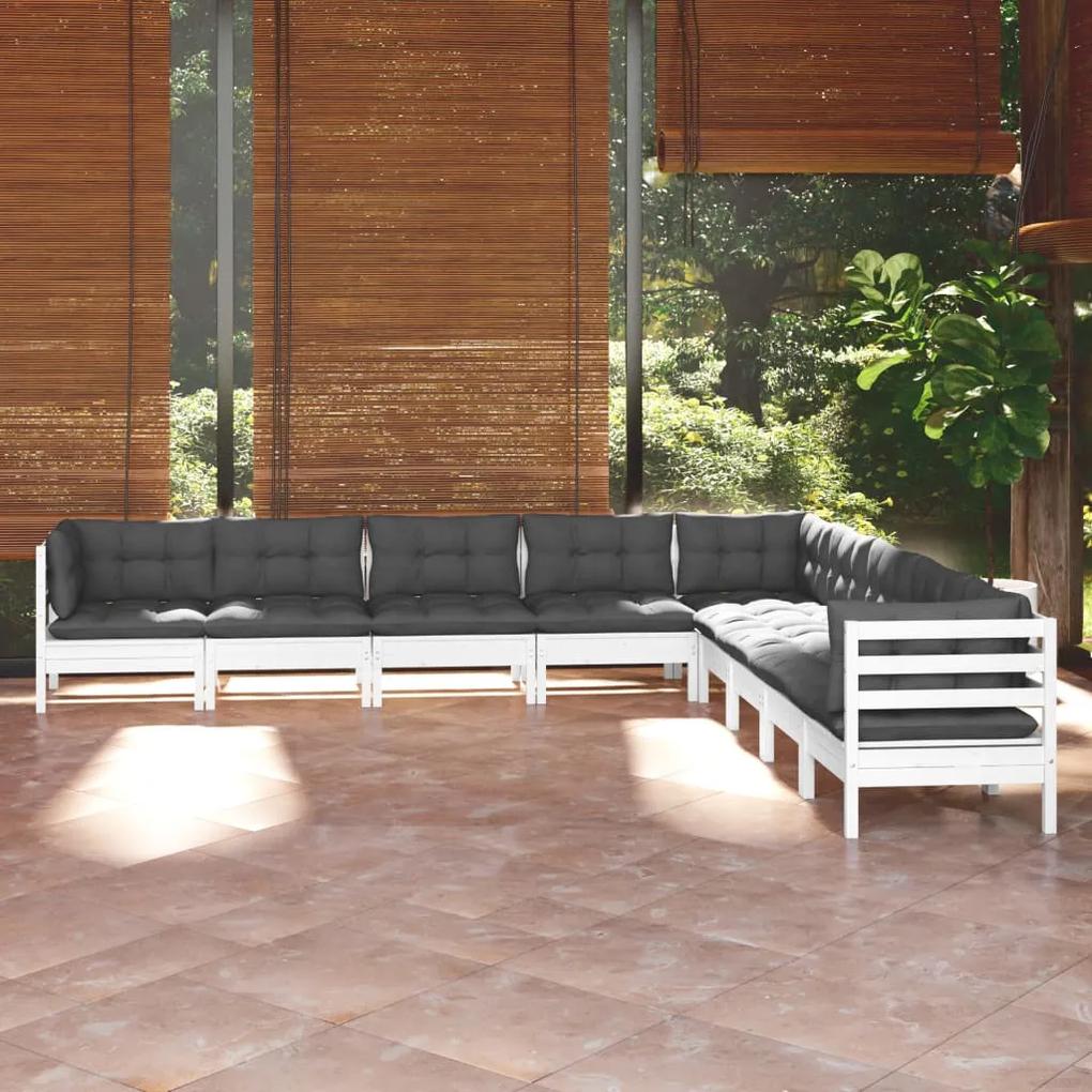 3096816 vidaXL Set mobilier de grădină cu perne, 9 piese, alb, lemn masiv pin