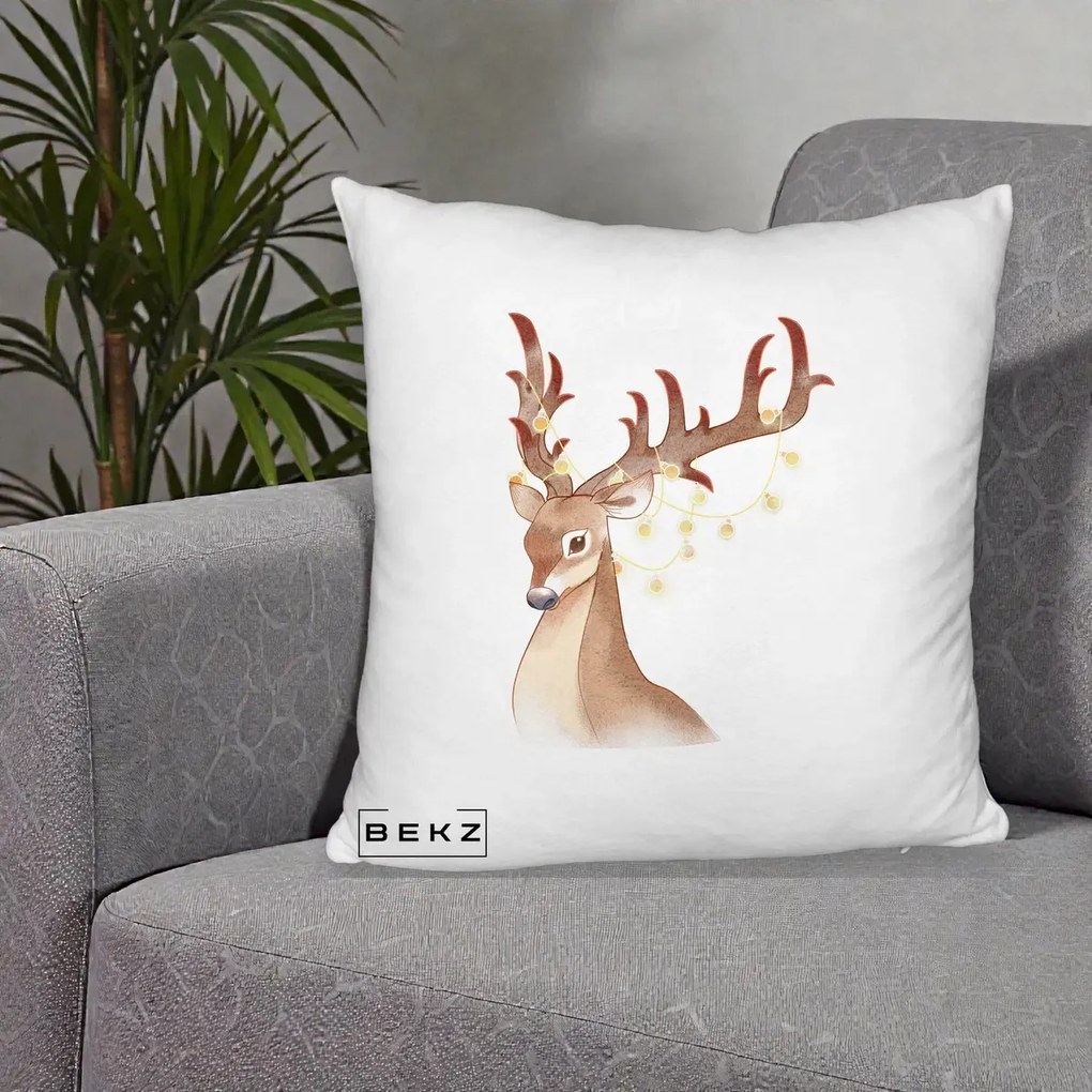 Perna Decorativa Ren cu Luminite de Craciun, 40x40 cm, Alb Pufos, Husa Detasabila, Perna Inclusa, BEKZ®