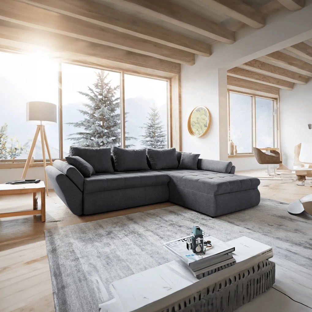 Colțar extensibil dumonde cu ladă de depozitare si sezut confortabil din spuma high-density, Loana Enjoy Grafit II 270x185 cm