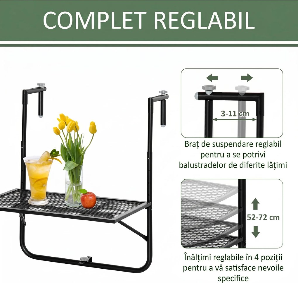 Outsunny Masă Pliabilă pentru Balustradă sau Balcon, din Metal, Reglabilă în Înălțime, 60x60x57-72cm, Negru | Aosom Romania