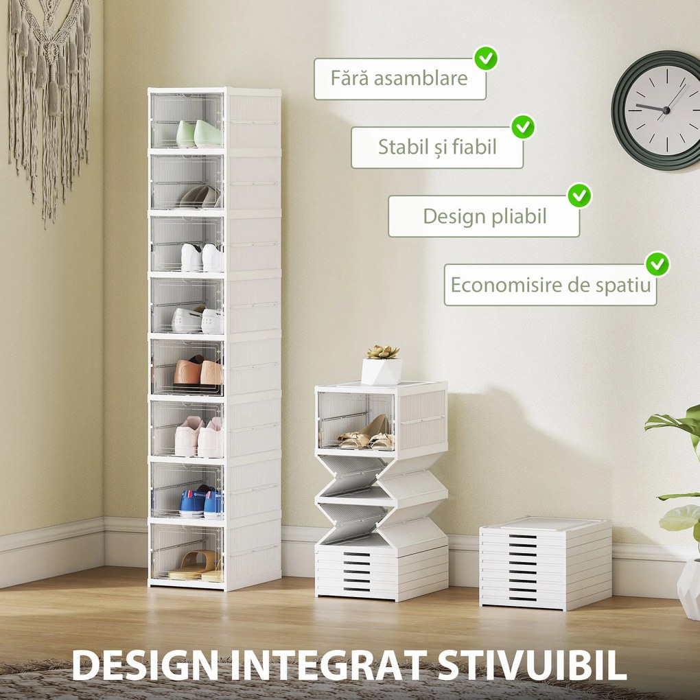 HOMCOM Dulap de Pantofi Modular cu 8 Cutii Stivuibile pentru Pantofi, 26x35x140 cm, Alb | Aosom Romania