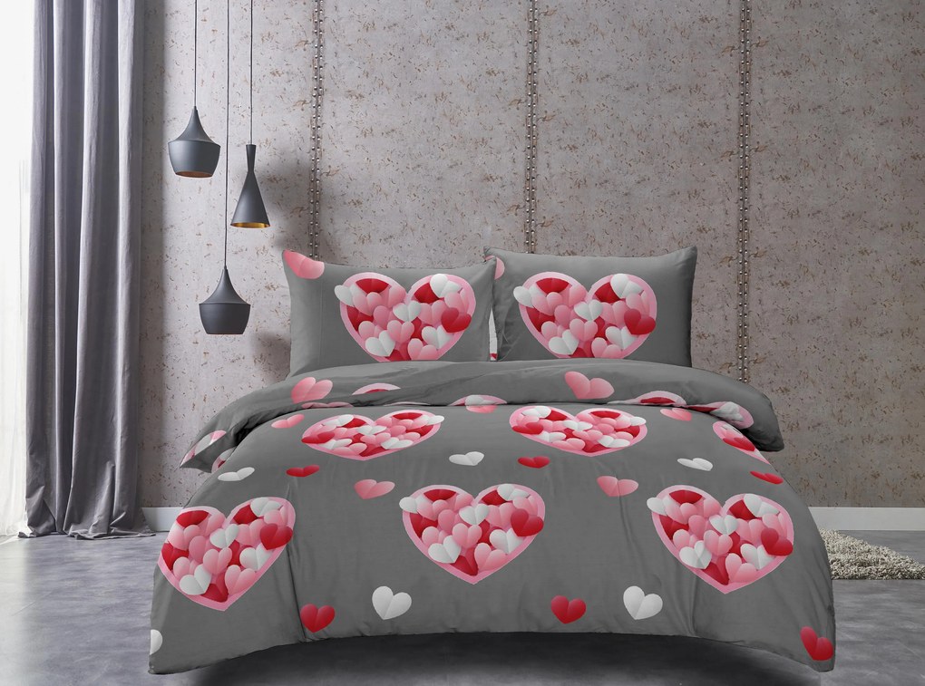Lenjerie de pat din microfibra gri, PINK HEARTS