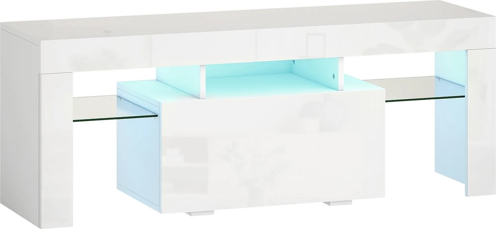 HOMCOM Dulap TV, mobilier TV cu iluminare LED RGB, finisaj ultra-lucios, rafturi din sticlă securizată, 120x34x45cm, alb | Aosom Romania