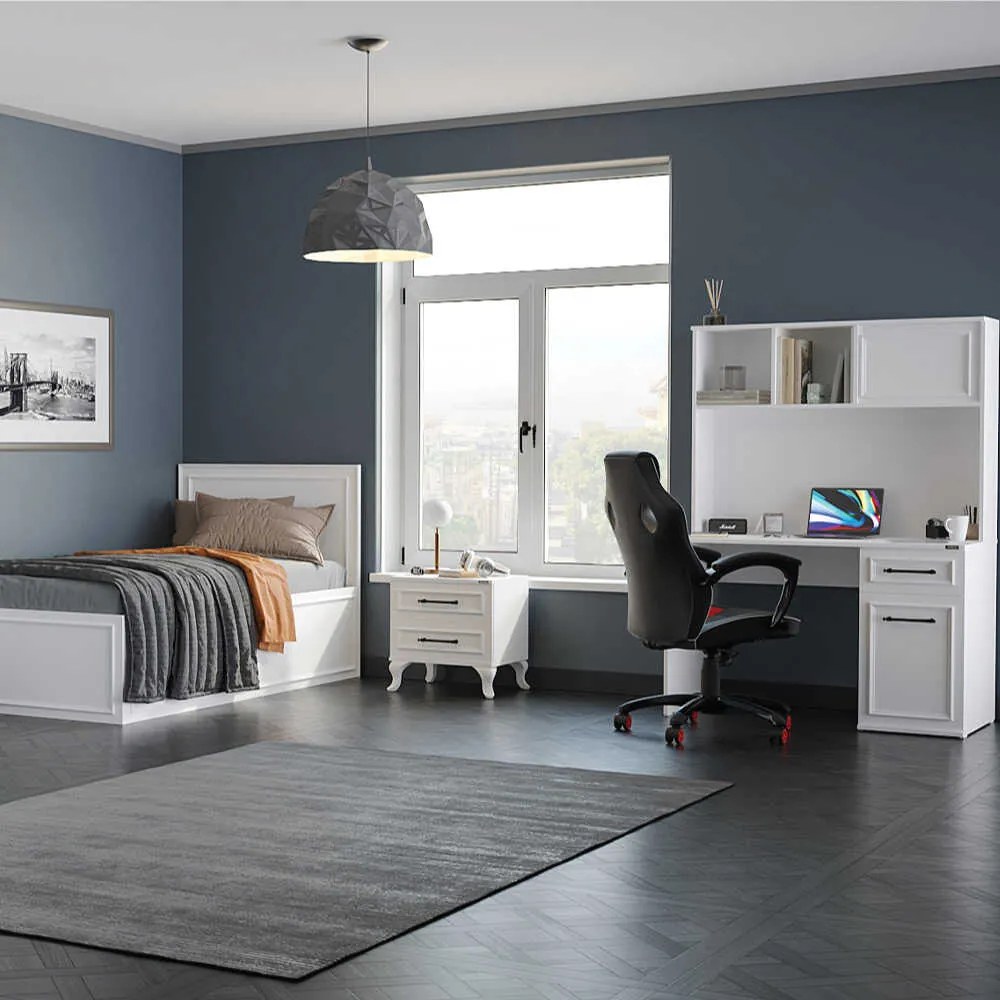 Birou Adore Country cu biblioteca, Alb Mat,  120x167x60 cm