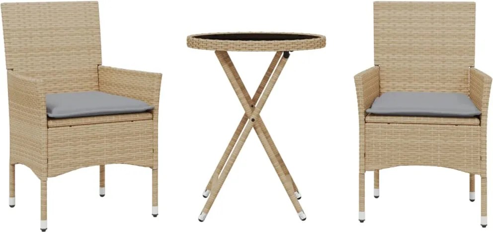 vidaXL Set bistro cu perne, 3 piese, bej, poliratan și sticlă