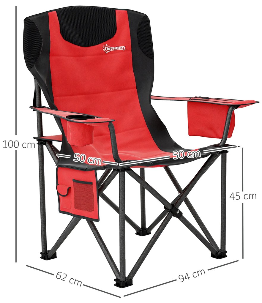 Outsunny Set 2 Scaune de Camping Pliabile cu Geantă Frigorifică, Suport pentru Pahare și Tetieră, 94x62x100 cm, Roșu | Aosom Romania