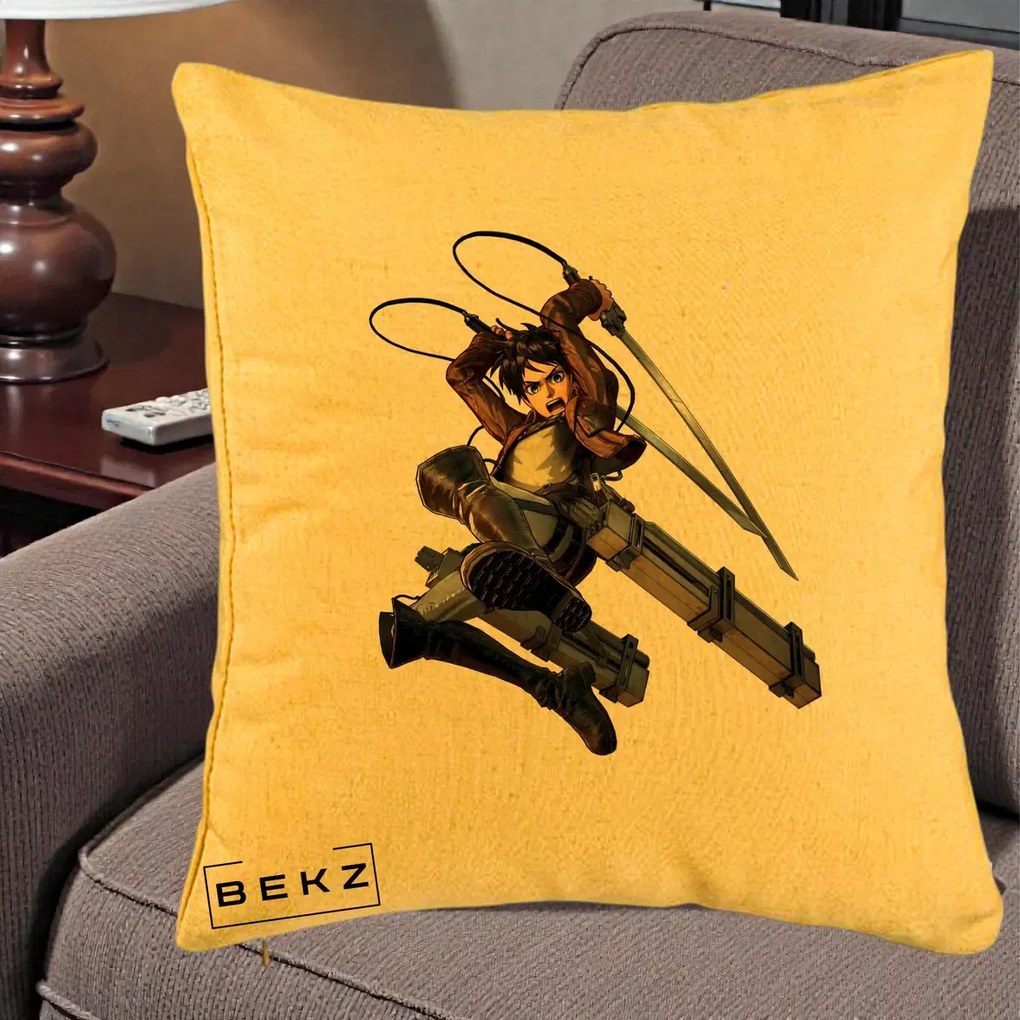 Perna Personalizata Attack on Titan Eren Yeager Lupta, 40x40 cm, Galben, Husa Detasabila, Perna Inclusa, BEKZ®